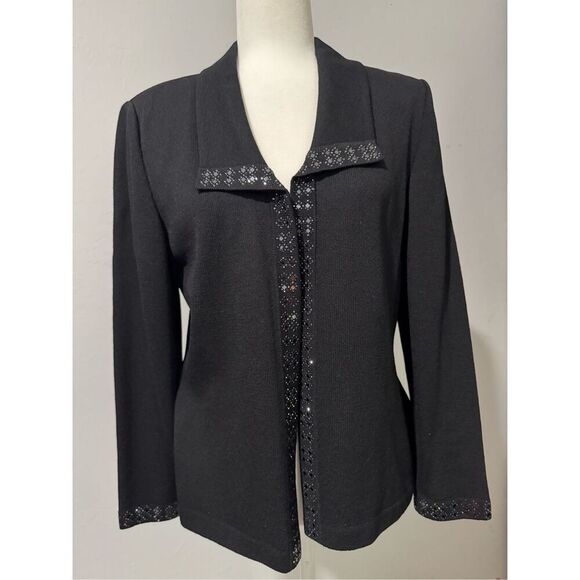 St John Evening black knit diamon rhinestone sequin trim 8 sweater - Picture 1 of 8